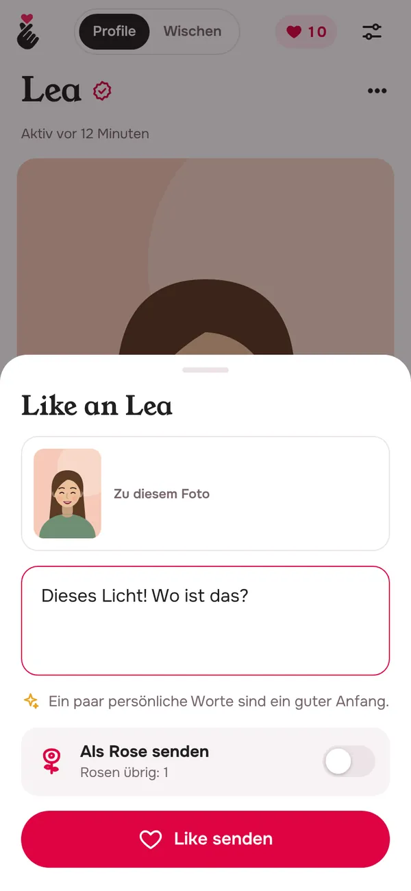 Lovyu: ein Like zu einem Foto, mit einem Satz dazu