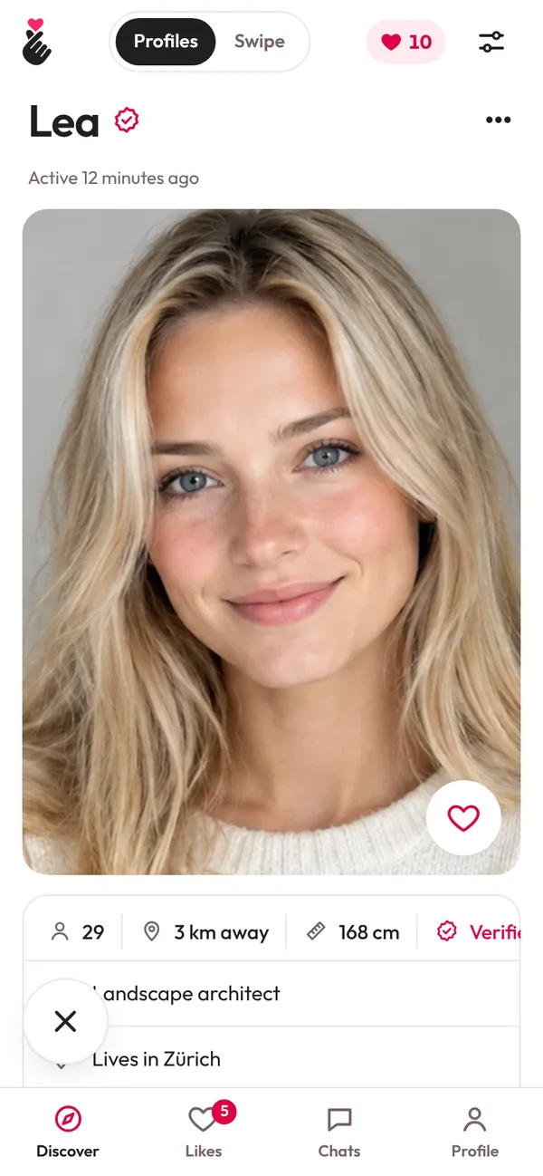 Lovyu: a profile with photo, age, distance and job