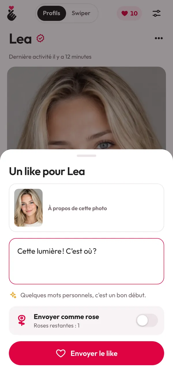 Lovyu : un like sur une photo, avec une phrase